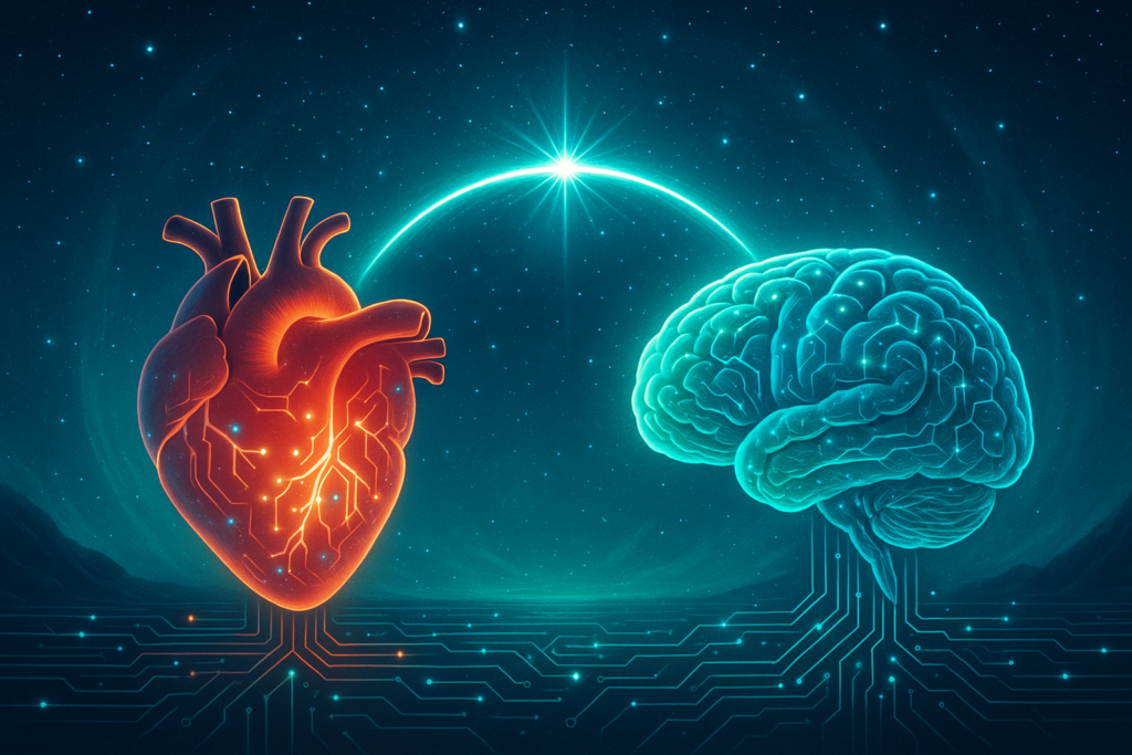 Ilustración de un corazón y un cerebro iluminados frente a frente, unidos por un hilo de energía, simbolizando la coherencia cardíaca y la conexión corazón-cerebro.