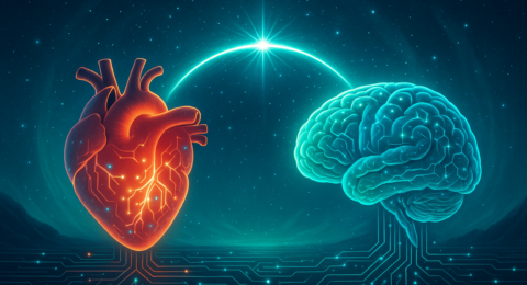 Ilustración de un corazón y un cerebro iluminados frente a frente, unidos por un hilo de energía, simbolizando la coherencia cardíaca y la conexión corazón-cerebro.