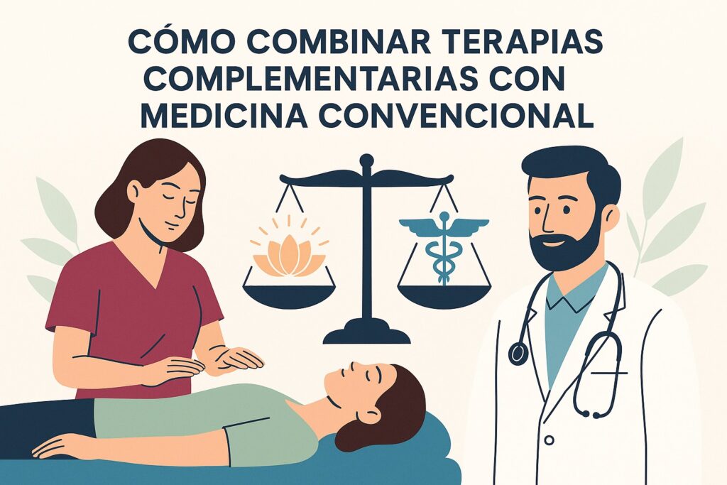 Ilustración de una terapeuta de reiki y un médico al lado de un paciente, con una balanza que equilibra un loto de sanación y un caduceo médico. Simboliza la integración de la medicina convencional con terapias complementarias.
