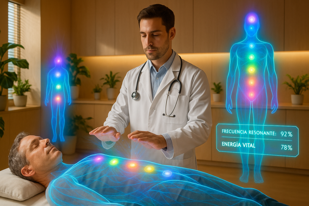 Médico realizando una sesión de Reiki a un paciente como parte de la medicina integrativa complementaria