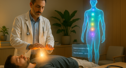Médico realizando una sesión de Reiki a un paciente como parte de la medicina integrativa complementaria