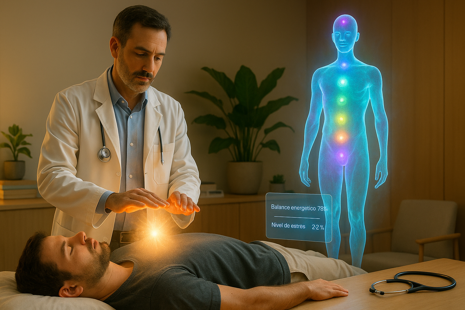 Médico realizando una sesión de Reiki a un paciente como parte de la medicina integrativa complementaria