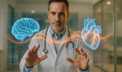 Médico observando la conexión entre el cerebro y el corazón mediante tecnología digital.