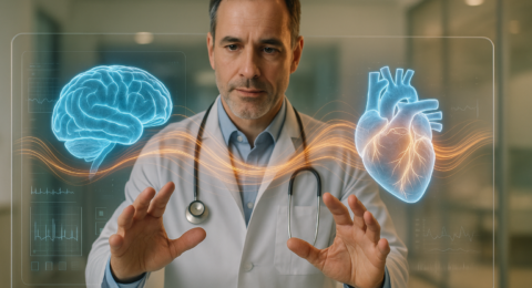Médico observando la conexión entre el cerebro y el corazón mediante tecnología digital.