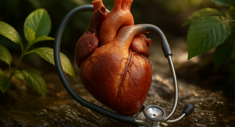 Corazón humano real con estetoscopio, simbolizando el amor como medicina científica