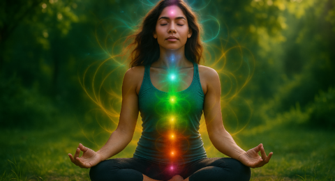 Persona meditando con energía alineada, representando amor propio y coherencia interna