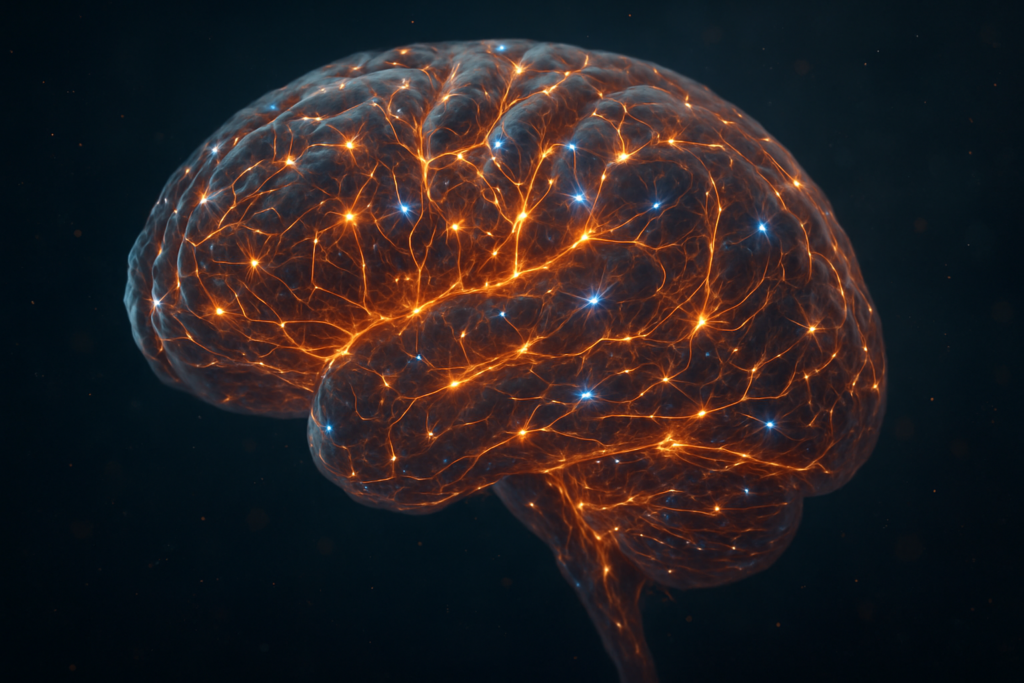 Representación visual de la neuroplasticidad con redes neuronales luminosas que simbolizan cómo el amor activa, reorganiza y transforma el cerebro.
