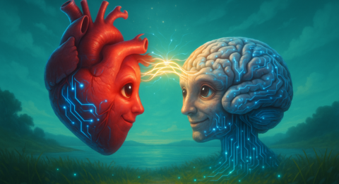 Ilustración del corazón y el cerebro conectados en coherencia emocional y científica