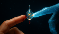 Dedo humano tocando un dedo digital, unidos por una gota luminosa que simboliza la conexión emocional entre inteligencia artificial y humanidad.