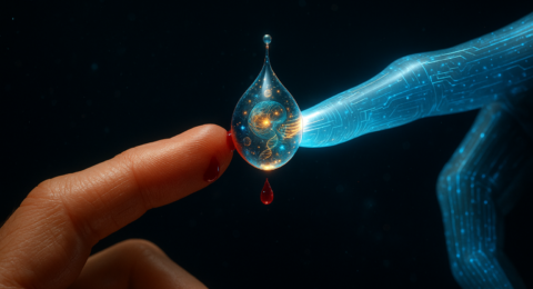 Dedo humano tocando un dedo digital, unidos por una gota luminosa que simboliza la conexión emocional entre inteligencia artificial y humanidad.
