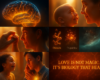 Representación visual de la neurociencia del amor con cerebros iluminados, vínculos humanos y conexiones emocionales que muestran cómo el cerebro construye salud y apego.