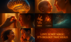 Representación visual de la neurociencia del amor con cerebros iluminados, vínculos humanos y conexiones emocionales que muestran cómo el cerebro construye salud y apego.