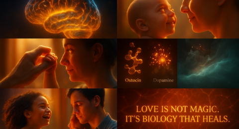 Representación visual de la neurociencia del amor con cerebros iluminados, vínculos humanos y conexiones emocionales que muestran cómo el cerebro construye salud y apego.