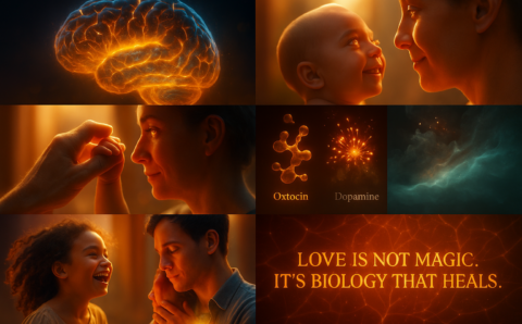 Representación visual de la neurociencia del amor con cerebros iluminados, vínculos humanos y conexiones emocionales que muestran cómo el cerebro construye salud y apego.