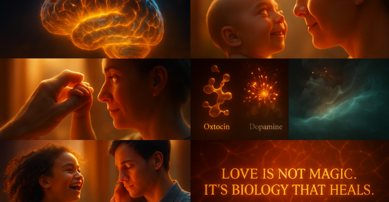 Representación visual de la neurociencia del amor con cerebros iluminados, vínculos humanos y conexiones emocionales que muestran cómo el cerebro construye salud y apego.