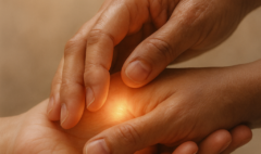 Manos sosteniéndose con un resplandor cálido que simboliza apego seguro, sanación y resiliencia emocional.