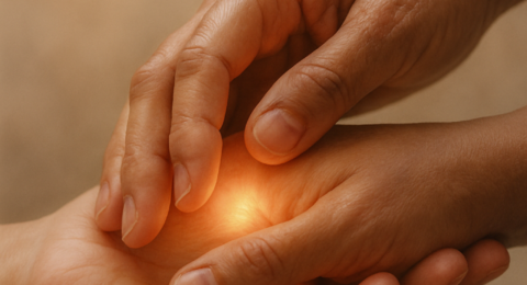 Manos sosteniéndose con un resplandor cálido que simboliza apego seguro, sanación y resiliencia emocional.