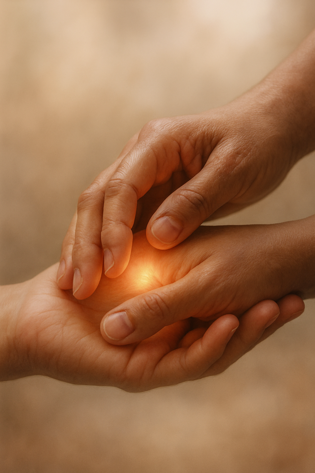 Manos sosteniéndose con un resplandor cálido que simboliza apego seguro, sanación y resiliencia emocional.